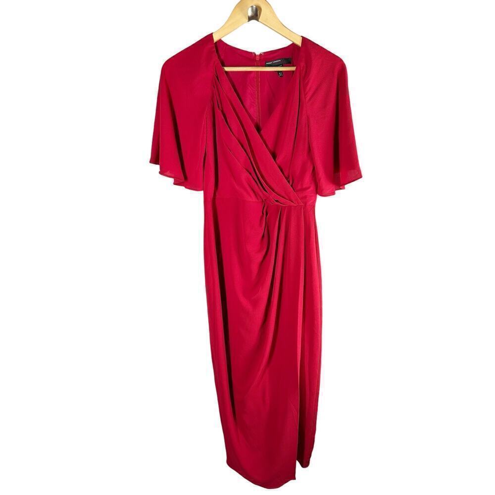 Maggy London Women's Short Flutter Sleeve Faux Wrap Midi Dress Size 2 Red